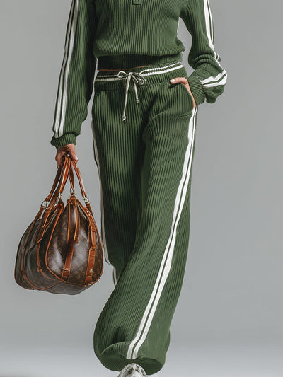 Ensemble rétro casual vert – Pull demi-zip en maille & pantalon assorti