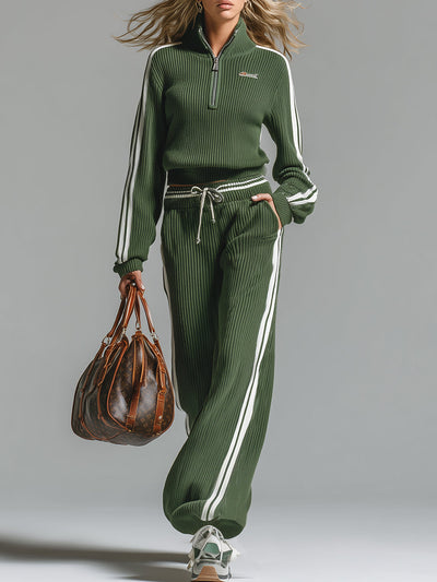 Ensemble rétro casual vert – Pull demi-zip en maille & pantalon assorti