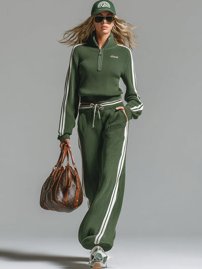 Ensemble rétro casual vert – Pull demi-zip en maille & pantalon assorti